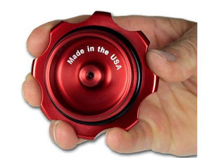 C73-706-BLK_7 Pro-werks Easy Turn Fuel Cell Filler Cap with Lanyard Boss and 6-Bolt Aluminum Fuel Cell Bung Black 6 Bolt: 2-3 4 Inch Cap Red