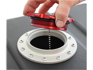 C73-706-BLK_8 Pro-werks Easy Turn Fuel Cell Filler Cap with Lanyard Boss and 6-Bolt Aluminum Fuel Cell Bung Black 6 Bolt: 2-3 4 Inch Cap Red