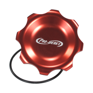 C73-706_7 Pro-werks Easy Turn Fuel Cell Filler Cap with Lanyard Boss and 6-Bolt Aluminum Fuel Cell Bung Silver 6 Bolt: 2-3 4 Inch Cap Red