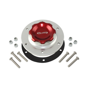 C73-706_8 Pro-werks Easy Turn Fuel Cell Filler Cap with Lanyard Boss and 6-Bolt Aluminum Fuel Cell Bung Silver 6 Bolt: 2-3 4 Inch Cap Red