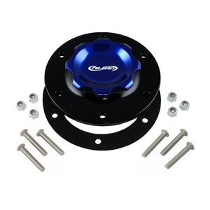 C73-707-BLK_2 Pro-werks Easy Turn Fuel Cell Filler Cap with Lanyard Boss and 12-Bolt Aluminum Fuel Cell Bung Black 6 Bolt: 2-3 4 Inch Cap Blue
