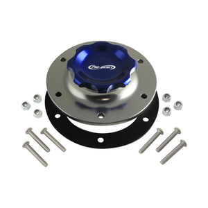 C73-707_10 Pro-werks Easy Turn Fuel Cell Filler Cap with Lanyard Boss and 6-Bolt Aluminum Fuel Cell Bung Silver 6 Bolt: 2-3 4 Inch Cap Blue