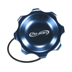 C73-707_6 Pro-werks Easy Turn Fuel Cell Filler Cap with Lanyard Boss and 6-Bolt Aluminum Fuel Cell Bung Silver 6 Bolt: 2-3 4 Inch Cap Blue