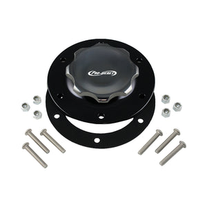 C73-709-BLK_2 Pro-werks Easy Turn Fuel Cell Filler Cap with Lanyard Boss and 6-Bolt Aluminum Fuel Cell Bung Black 6 Bolt: 2-3 4 Inch Cap Polished