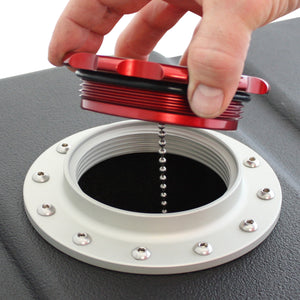 C73-709-BLK_7 Pro-werks Easy Turn Fuel Cell Filler Cap with Lanyard Boss and 6-Bolt Aluminum Fuel Cell Bung Black 6 Bolt: 2-3 4 Inch Cap Polished