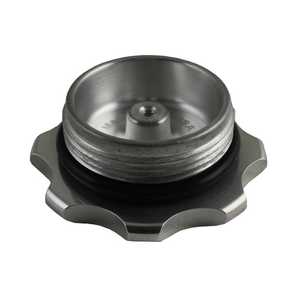 C73-709-BLK_8 Easy Turn Fill Cap with Lanyard Boss and Aluminum Fuel Cell Bung Black 6 Bolt: 2-3 4 Inch Cap Polished