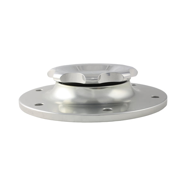 C73-709_3 Easy Turn Fill Cap with Lanyard Boss and Aluminum Fuel Cell Bung Silver 6 Bolt: 2-3 4 Inch Cap Polished