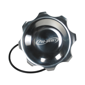 C73-709_6 Pro-werks Easy Turn Fuel Cell Filler Cap with Lanyard Boss and 12-Bolt Aluminum Fuel Cell Bung Silver 6 Bolt: 2-3 4 Inch Cap Polished
