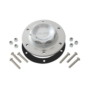 C73-709_9 Pro-werks Easy Turn Fuel Cell Filler Cap with Lanyard Boss and 12-Bolt Aluminum Fuel Cell Bung Silver 6 Bolt: 2-3 4 Inch Cap Polished