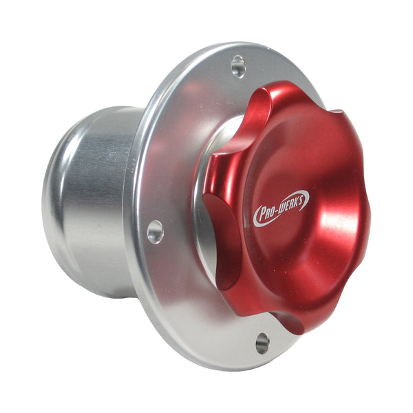 C73-756-H2_D1 Easy Turn Fill Cap with Aluminum Remote Mount Bung 2 Inch without Lanyard Boss Remote Mount: 2 Inch Hose Red