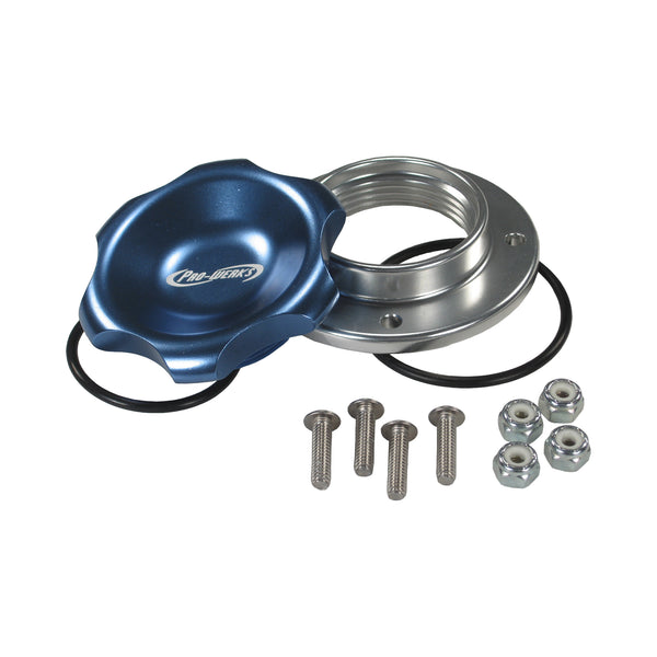 C73-757-B_1 Easy Turn Fill Cap with Aluminum Bolt-On Bung 2 Inch without Lanyard Boss Blue