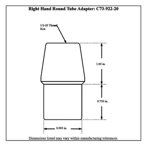 Dimensioned drawing of Pro-Werks 4130N chromoly right hand round tube adapter with 1/2-20 thread, 1.00 in. tapered head and 0.750 in. shank at 0.993 in. diameter