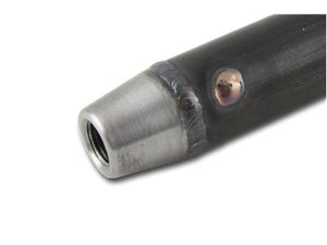 Pro-Werks 4130N chromoly tube adapter welded into the end of a round tube, internal thread bore and weld bead visible
