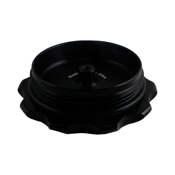 C74-715-BLK_10 Easy Turn Fill Cap with Lanyard Boss and Aluminum Fuel Cell Bung Black 12 Bolt: 4-1 4 Inch Cap Black