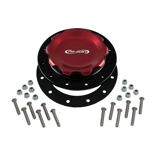 C74-716-BLK_2 Easy Turn Fill Cap with Lanyard Boss and Aluminum Fuel Cell Bung Black 12 Bolt: 4-1 4 Inch Cap Red