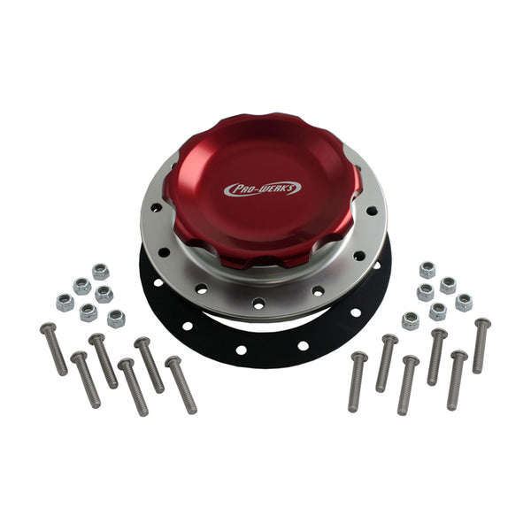 C74-716_7 Easy Turn Fill Cap with Lanyard Boss and Aluminum Fuel Cell Bung Silver 12 Bolt: 4-1 4 Inch Cap Red