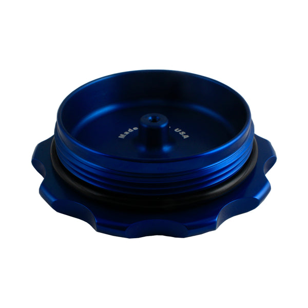 C74-717-BLK_10 Easy Turn Fill Cap with Lanyard Boss and Aluminum Fuel Cell Bung Black 12 Bolt: 4-1 4 Inch Cap Blue