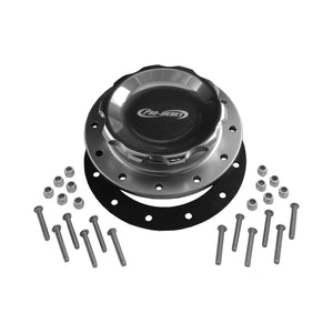 C74-719_9 Pro-werks Easy Turn Fuel Cell Filler Cap with Lanyard Boss and 12-Bolt Aluminum Fuel Cell Bung Silver 12 Bolt: 4-1 4 Inch Cap Polished