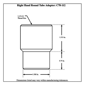 Dimensioned drawing of a Pro-Werks right hand 4130N chromoly tube adapter for 1-3/4 in. OD x 1.51 in. ID tube, 1-1/4-12 thread and 1.508 in. shank diameter