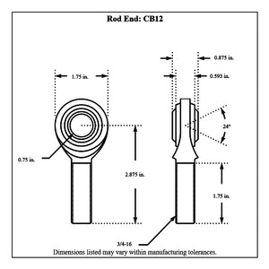 Dimensioned drawing of an Aurora male mild steel rod end, 3/4 in. bore with 3/4-16 threaded shank and 2.875 in. overall length