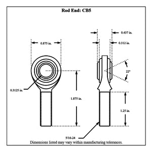 Dimensioned drawing of a mild steel male rod end from Aurora, with 5/16-24 threaded shank, 5/16 in bore and 22 degree ball swivel, 1.875 in center-to-end length