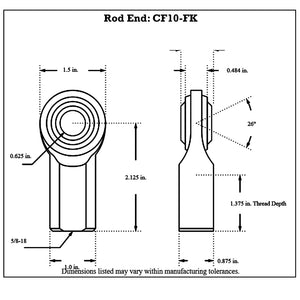Dimensioned drawing of FK Bearing female mild steel rod end, front and side views, 0.625 in bore, 5/8-18 thread, 2.125 in center-to-end length