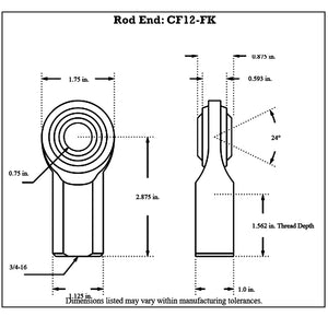 Dimensioned drawing of female mild steel rod end, front and side views, with 3/4-16 thread, 0.75 in. bore and 2.875 in. center-to-end length, FK Bearing