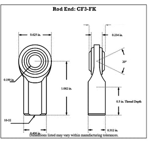 Dimensioned drawing of an FK Bearing female mild steel rod end, front and side views, with 0.190 in. bore, 10-32 thread and 20 degree ball swivel