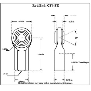 Dimensioned drawing of an FK Bearing female mild steel rod end in front and side views, with 0.25 in. bore, 1/4-28 thread and 1.312 in. overall length
