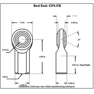 Dimensioned drawing of FK Bearing female mild steel rod end, front and side views, with 3/8-24 thread, 0.375 in bore and 1.625 in centerline-to-end length