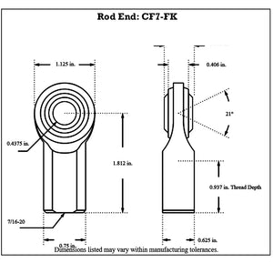 Dimensioned drawing of an FK Bearing female mild steel rod end, front and side views, with 0.4375 in. bore, 7/16-20 thread and 1.812 in. length