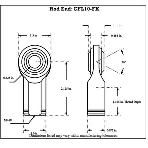 Dimensioned drawing of FK Bearing female mild steel rod end, front and side views, with 5/8-18 thread, 0.625 in bore and 2.125 in overall length