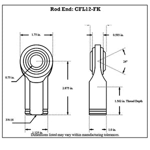 Dimensioned drawing of FK Bearing female mild steel rod end, front and side views, 0.75 in bore, 3/4-16 thread and 2.875 in overall length