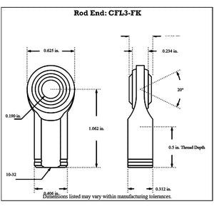 CFL3-FK_Diagram FK Bearing Female Mild Steel Rod End Left Hand 10-32 Thread - 3 16” Hole