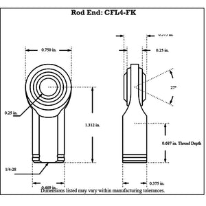 CFL4-FK_Diagram FK Bearing Female Mild Steel Rod End Left Hand 10-32 Thread - 3 16” Hole