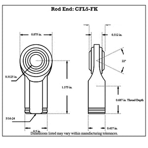 Dimensioned drawing of an FK Bearing female mild steel rod end with 5/16-24 thread, 0.3125 in. bore and 22 degree ball swivel