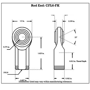 Dimensioned drawing of FK Bearing female mild steel rod end, 3/8-24 thread with 0.375 in bore and 22 degree ball swivel