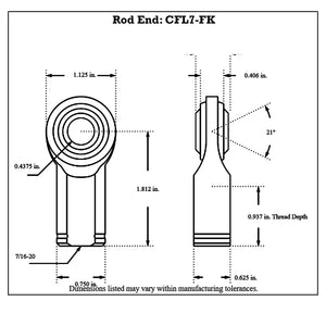 Dimensioned drawing of FK Bearing female mild steel rod end, front and side views, 0.4375 in bore, 7/16-20 thread, 1.812 in ball center to shank end