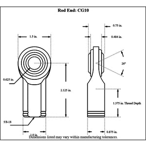CG10-Diagram Aurora Female Mild Steel Rod End Left Hand 5 8-18 Thread - 5 8” Hole