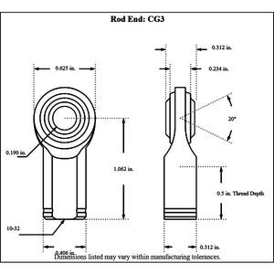 CG3-Diagram Aurora Female Mild Steel Rod End Left Hand 10-32 Thread - 3 16” Hole