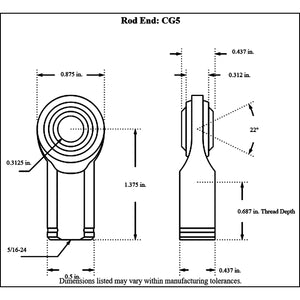 CG5-Diagram Aurora Female Mild Steel Rod End Left Hand 3 8-24 Thread - 3 8” Hole