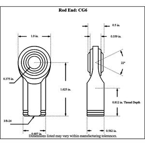 Dimensioned drawing of Aurora female mild steel rod end, front and side views, 3/8-24 thread, 0.375 in. bore, 1.625 in. overall length