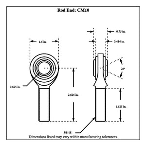 Dimensioned drawing of an Aurora male mild steel rod end, front and side views, marked 0.625 in. bore, 5/8-18 threaded shank and 26 degree ball swivel