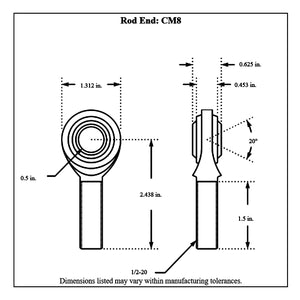 CM8-Diagram Aurora Male Mild Steel Rod End Right Hand 1 2-20 Thread - 1 2” Hole