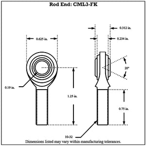 CML3-FK_-_Diagram FK Bearing Male Mild Steel Rod End Left Hand 10-32 Thread - 3 16” Hole