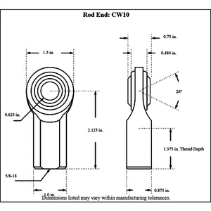 Dimensioned drawing of an Aurora female mild steel rod end in front and side views, with 0.625 in. bore, 5/8-18 thread and 2.125 in. center-to-base length