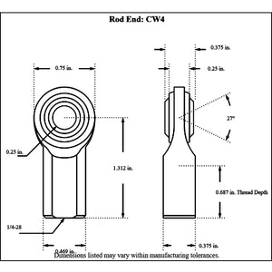 Dimensioned drawing of an Aurora female mild steel rod end, front and side views, with 1/4-28 thread, 1/4 in. bore and 27 degree ball swivel