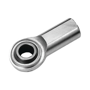 Aurora female rod end in mild steel with 5/8-18 left-hand internal thread and 5/8 in ball bore, angled view
