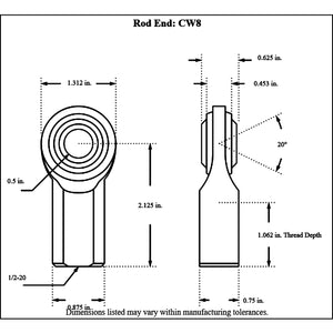 CW8-Diagram Aurora Female Mild Steel Rod End Right Hand 1 2-20 Thread - 1 2” Hole