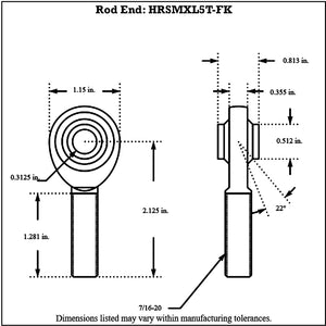 HRSMXL5T-FK_-_Diagram FK Bearing High Misalignment Rod End - Teflon Lined Left Hand 7 16-20 Thread - 5 16” Hole